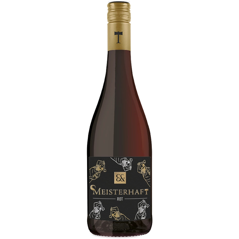 Eine Flasche Weingärtner Cleebronn-Güglingen „Meisterhaft Rot Cuvée 2024“, verziert mit einem auffälligen schwarz-goldenen Etikett mit kunstvollen Strichzeichnungen – eine elegante Wahl für den anspruchsvollen Rotweinliebhaber.