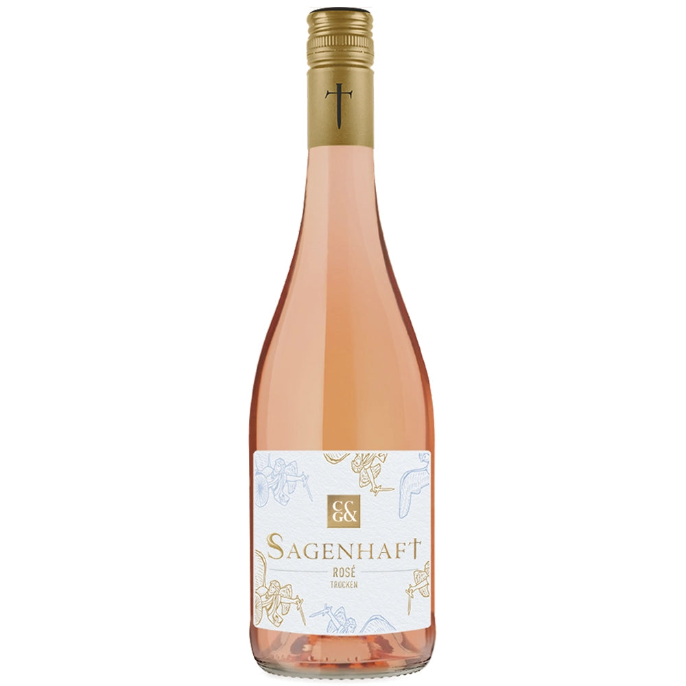 Eine Flasche „Weingärtner Cleebronn-Güglingen Sagenhaft Rosé trocken 2025“ mit goldenem Verschluss und einem weißen Etikett mit goldenen und blauen Akzenten dieser elegante württembergische Rosé von Weingärtner Cleebronn-Güglingen wurde als „Rosé des Jahres 2024“ ausgezeichnet.