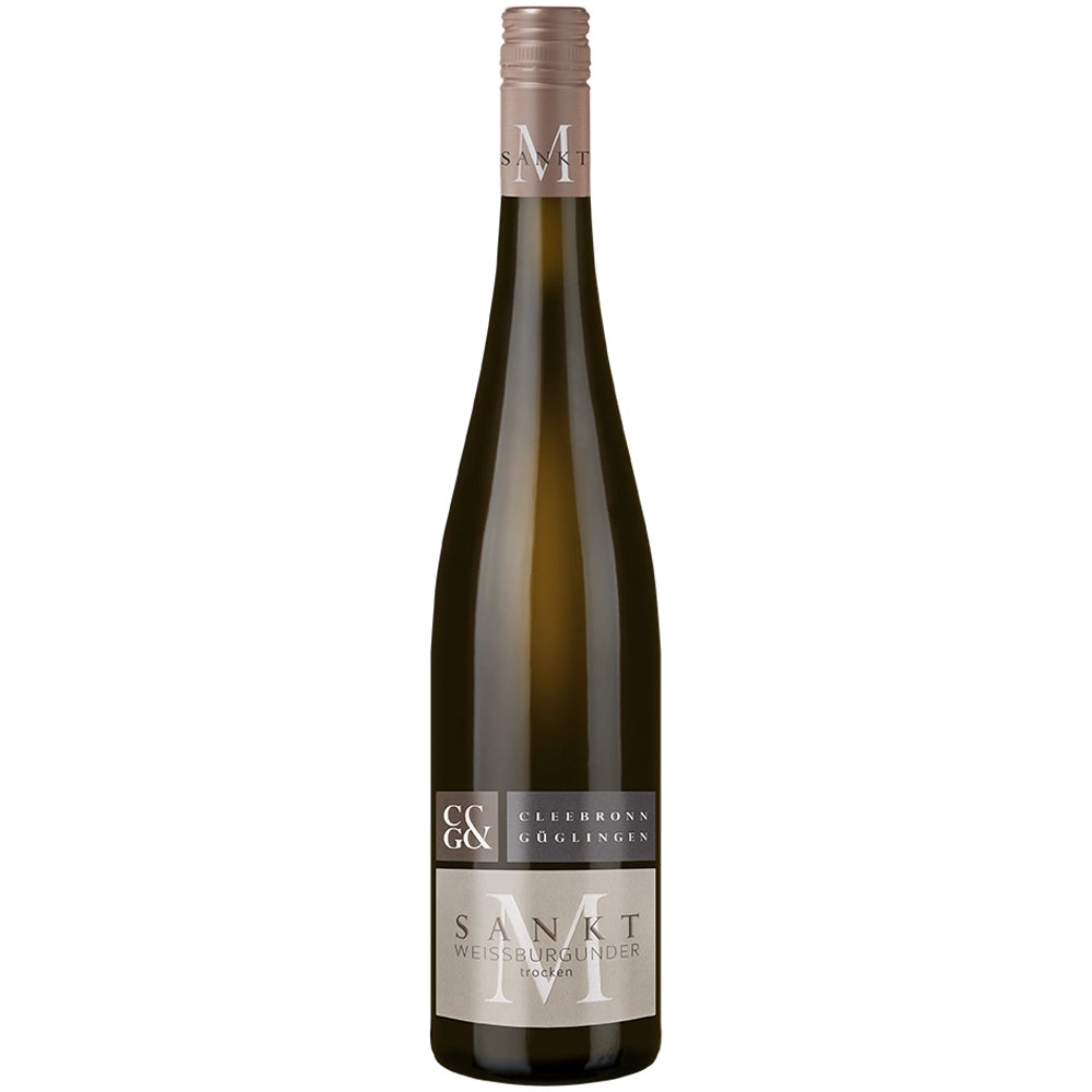Eine hohe Flasche Weißwein „Weingärtner Cleebronn-Güglingen Sankt M Weißburgunder trocken 2025“ mit einem hellbraunen Schraubverschluss und einem minimalistischen Etikett.
