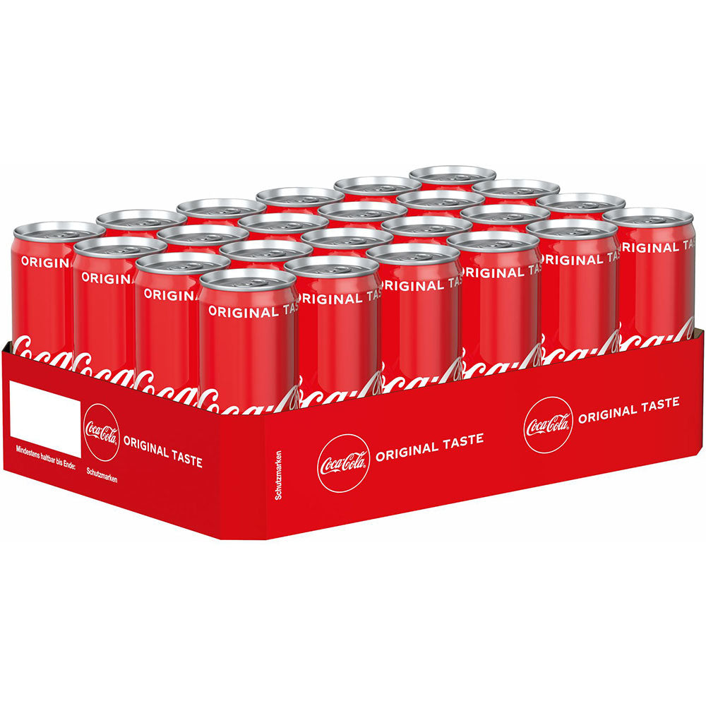 Eine 24er-Packung Coca-Cola Original Taste (24x 0,33L Dosen, EINWEG) in einem roten Tray, mit "Original Taste" und "natürlichen Aromen" auf der Verpackung.