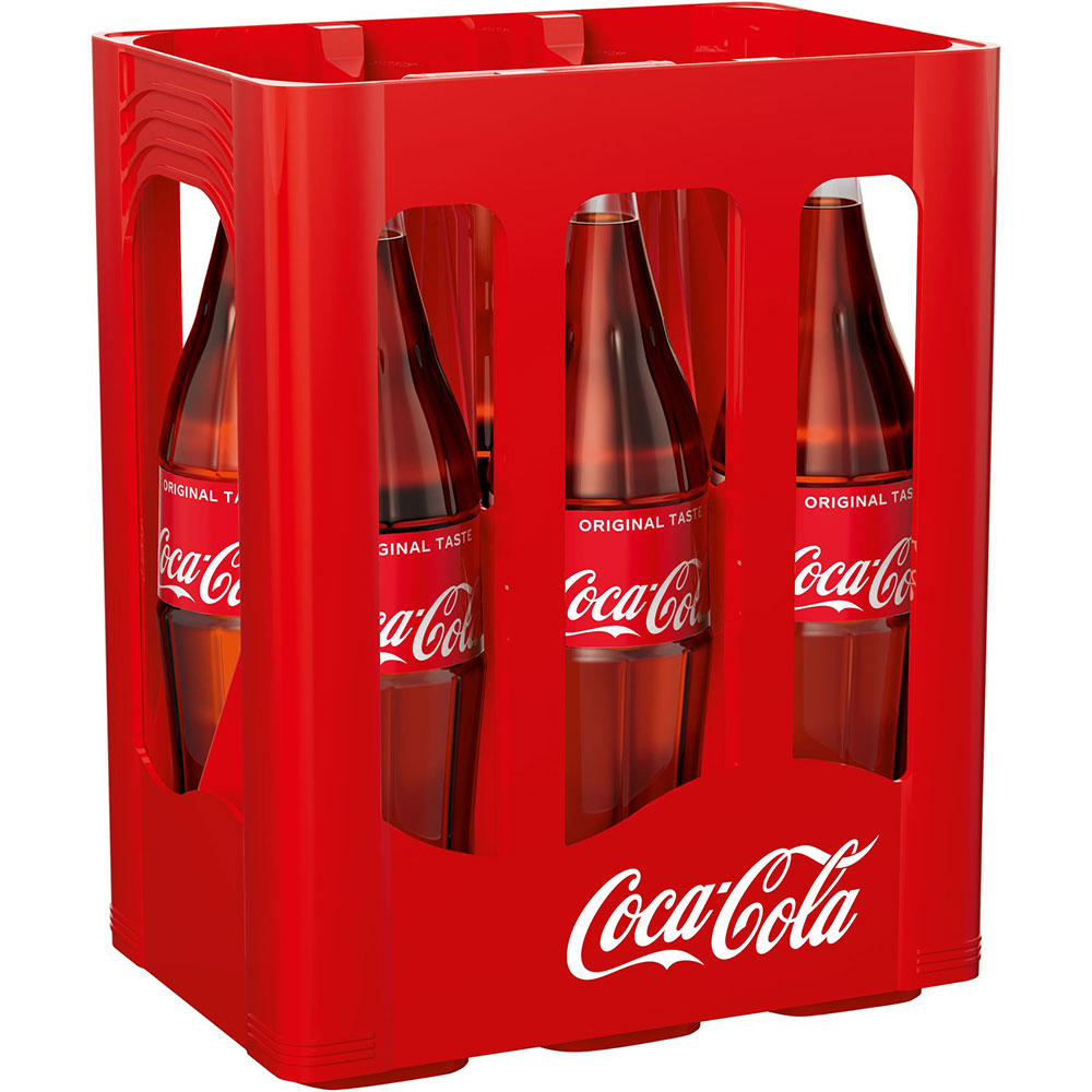 Sechs Flaschen Coca-Cola Original Geschmack 6x1L (MEHRWEG) im roten Kasten mit weißem Coca-Cola Logo - das klassische Erfrischungsgetränk der Marke Coca-Cola.