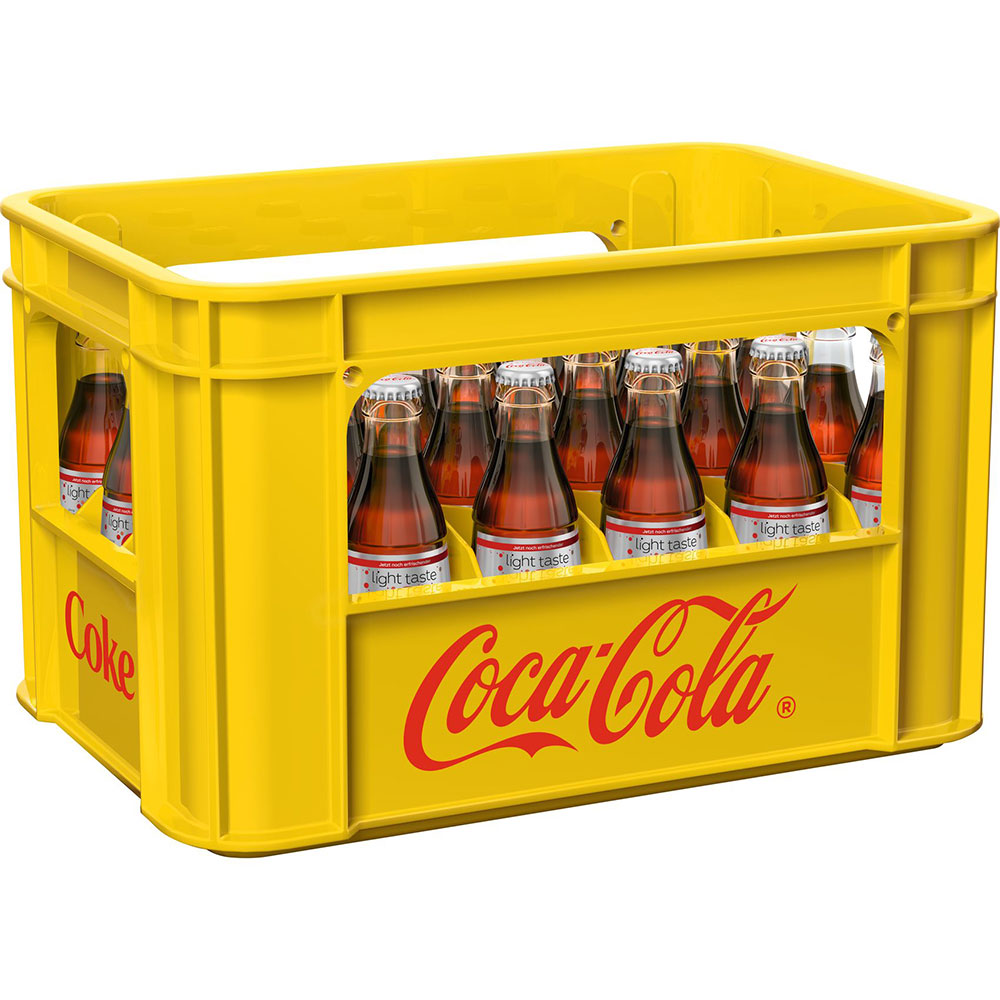 Gelber Coca-Cola-Kasten mit 24x0,2L Glasflaschen Coca Cola Light (MEHRWEG), dem zuckerfreien Erfrischungsgetränk.