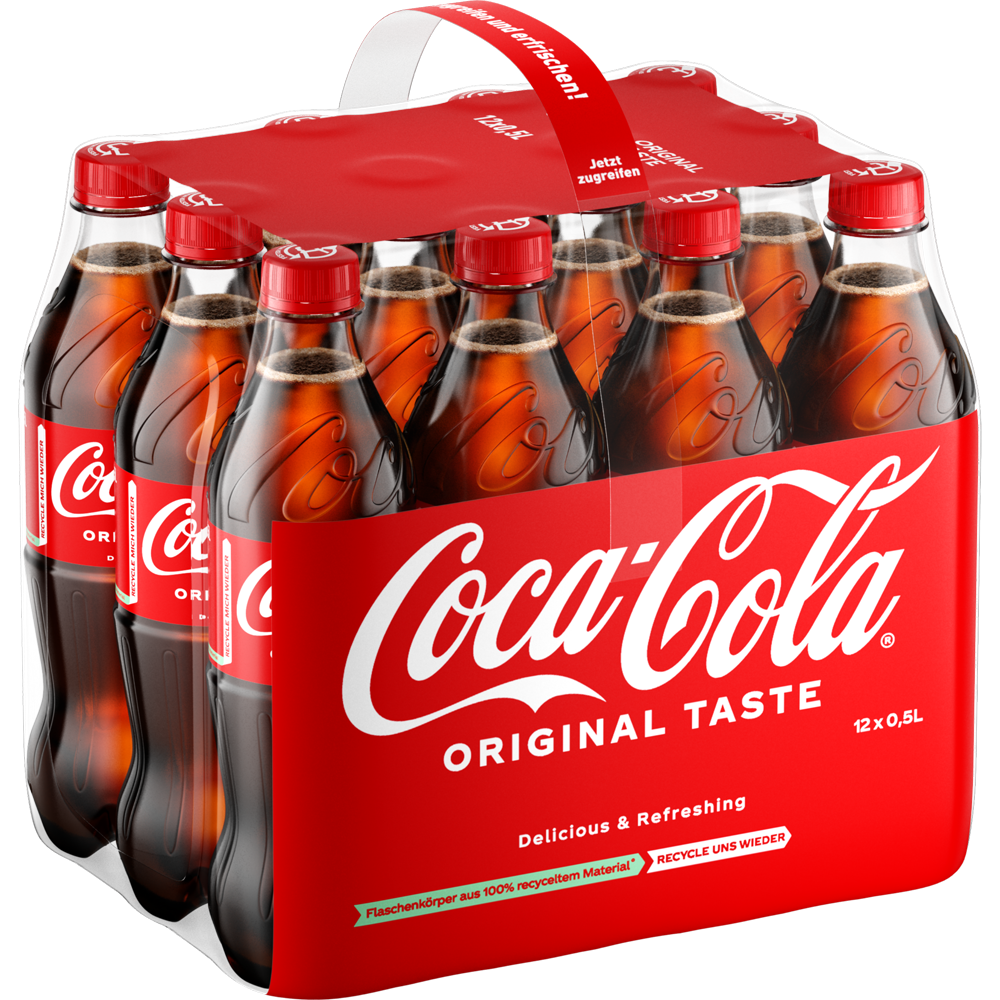 Ein 12er-Pack Coca-Cola Original Taste EW PET-Flaschen (12 x 0,5 l) mit dem klassischen roten Coca-Cola-Branding.