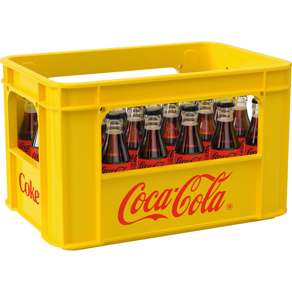 Gelber Coca-Cola-Kasten mit 24 x 0,2 l Glasflaschen Coca-Cola Zero Sugar (Mehrweg) - für zuckerfreie Erfrischung und Genuss.