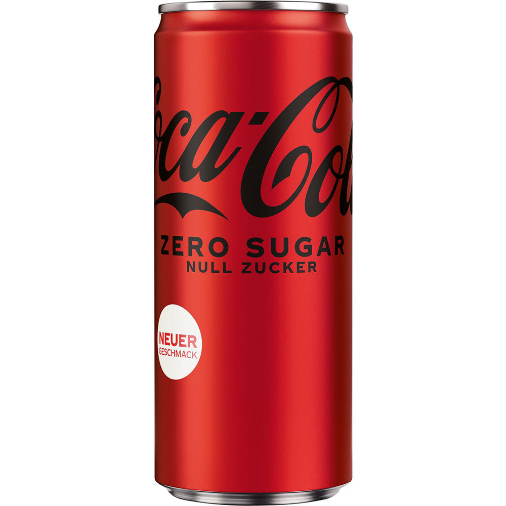 Die 0,33-Liter-Dose Coca-Cola Zero Sugar von Coca-Cola ist mit deutschem Text und einem weißen kreisförmigen Etikett unten links versehen, das die zuckerfreie Rezeptur hervorhebt.
