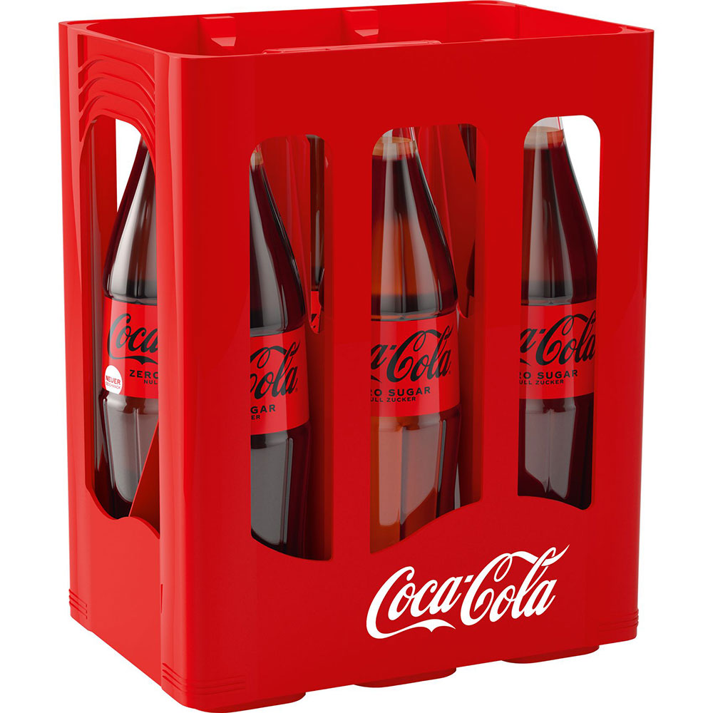 Eine rote Coca-Cola-Kiste enthält sechs 1-Liter-Glasflaschen Coca-Cola Zero Sugar (MEHRWEG), wobei das Coca-Cola-Logo auf der Kiste sichtbar ist.