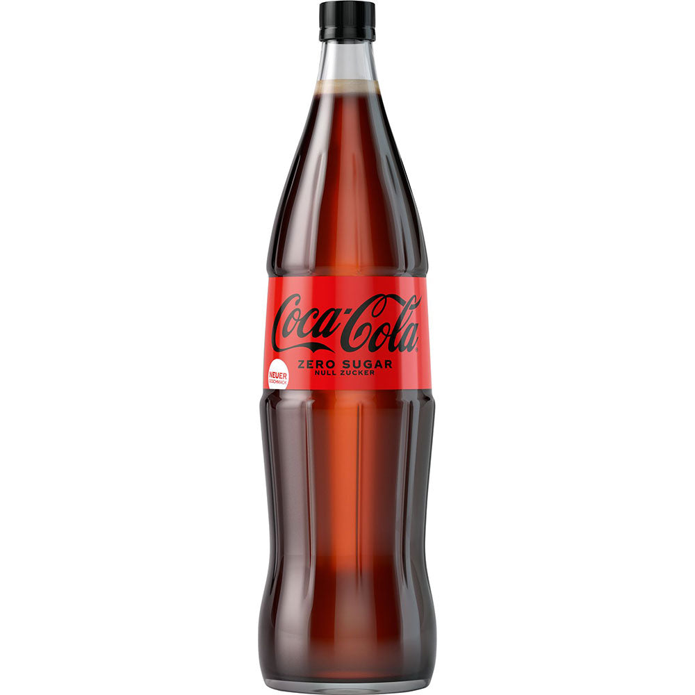 Eine Kiste Coca-Cola Zero Sugar 6x1L (MEHRWEG) - das erfrischende, zuckerfreie Getränk der Marke Coca-Cola im roten Label auf weißem Hintergrund.