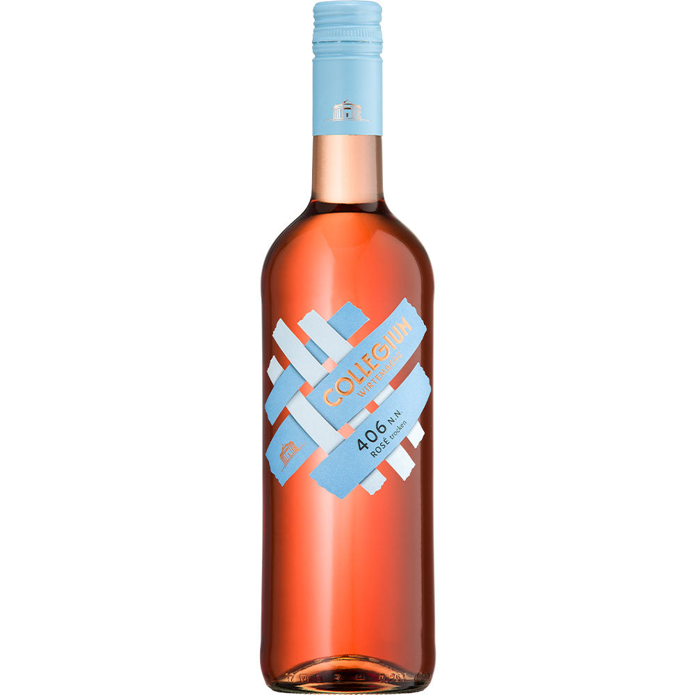 Eine Flasche Collegium Wirtemberg 406 n.n. Rosé Cuvée trocken 2024 mit blauem Schraubverschluss und blauem Etikett - ein eleganter, trockener Roséwein, der zu jedem Anlass passt.