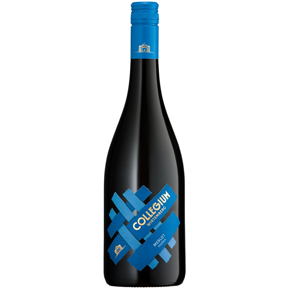 Eine Flasche „Collegium Wirtemberg Collection Stuttgart Merlot trocken 2024“ mit blauem Etikett und blauem Schraubverschluss unterstreicht den raffinierten Charakter des württembergischen Weins, der aus den Merlot-Lagen Stuttgarts gekeltert wird.