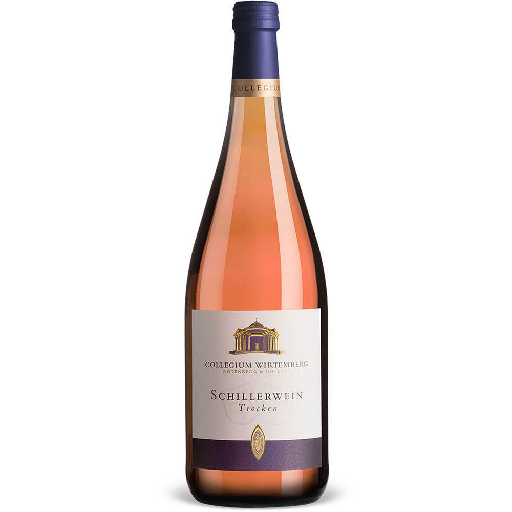Eine 1-Liter-Flasche Collegium Wirtemberg Schillerwein Trocken mit einem violetten Verschluss und einem weiß-violetten Etikett.