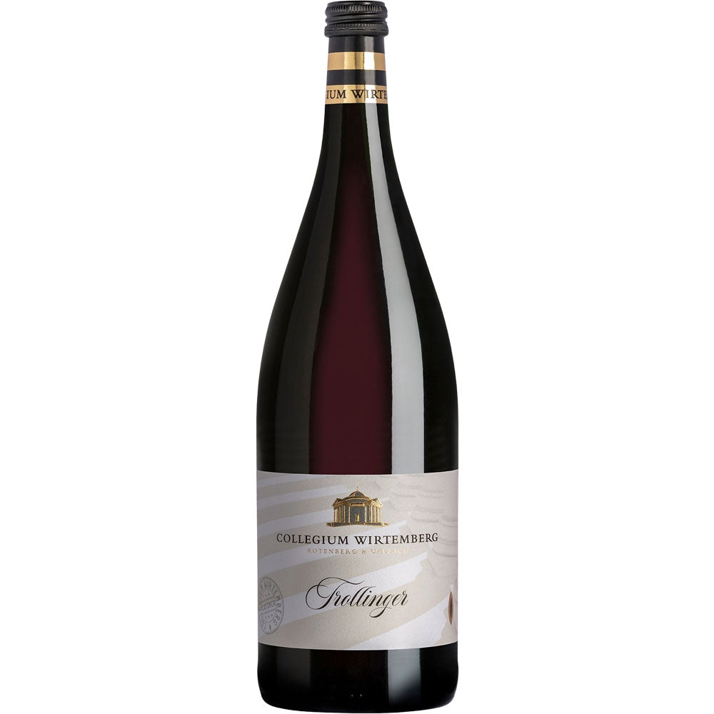 Eine 1-Liter-Flasche Collegium Wirtemberg Trollinger feinherb Rotwein (12x MEHRWEG) von Collegium Wirtemberg, mit weiß-goldenem Etikett.