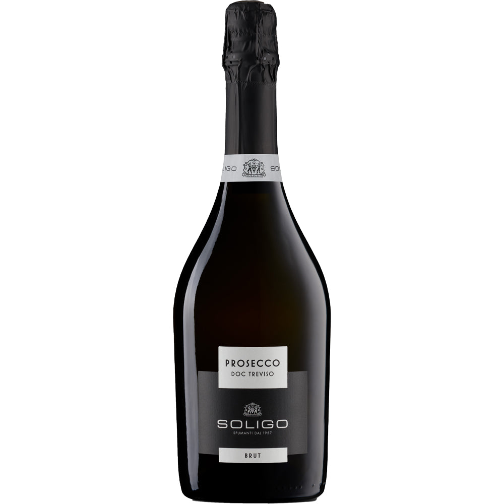 Eine 0,75-Liter-Flasche Colli del Soligo Prosecco DOC Treviso Brut von Colli del Soligo, hergestellt aus ausgewählten Glera-Trauben, mit schwarzem Etikett und Folie am Hals.