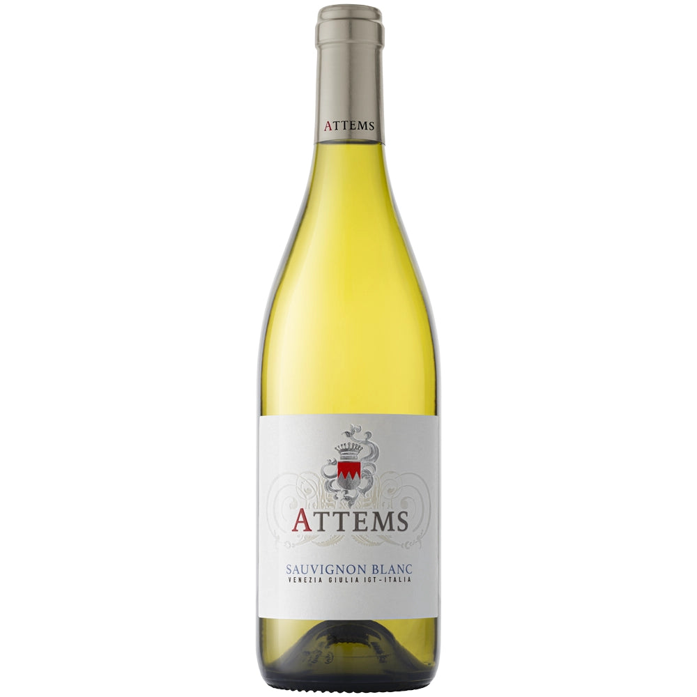 Eine Flasche Conti Attems Sauvignon Blanc Venezia Giulia IGT 2024 Weißwein von Conti Attems mit cremefarbenem Etikett und silbernem Verschluss.