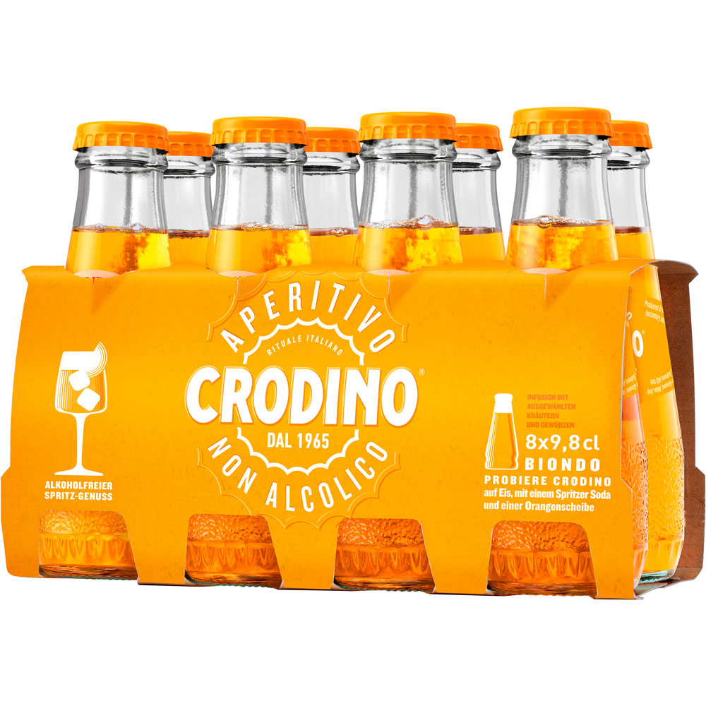 Sechserpack Crodino Aperitiv alkoholfrei 0,1 Liter Flaschen von Crodino in leuchtend orangefarbener Verpackung, die die italienische Aperitifkultur in der Frontansicht zeigt.