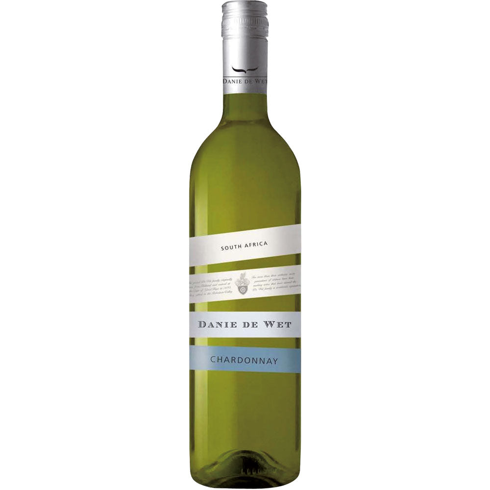 Eine Flasche Danie de Wet Good Hope Chardonnay 2025 aus dem Robertson Valley mit silbernem Verschluss und eleganten blauen, weißen und goldenen Etiketten.