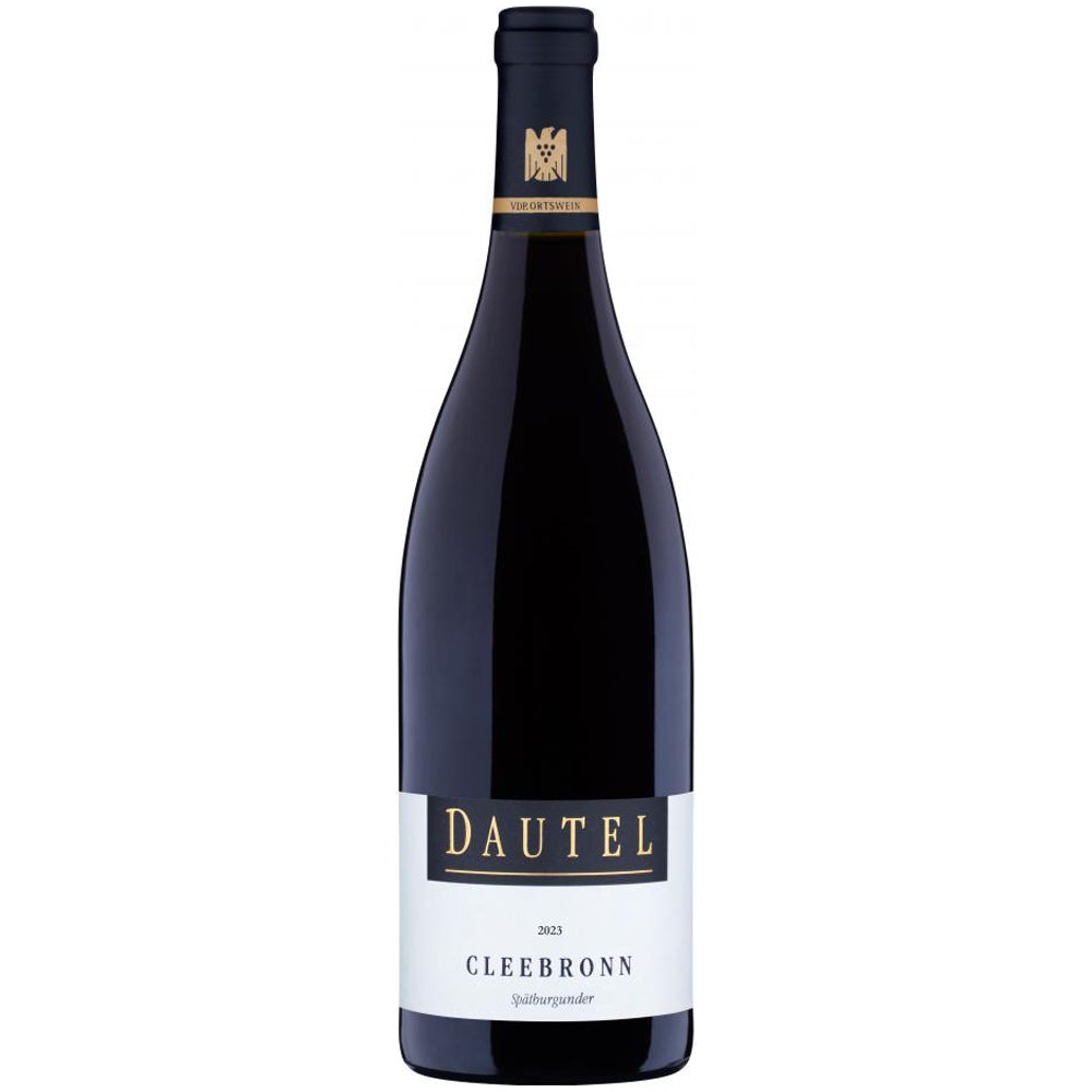 Eine Flasche „Weingut Dautel Cleebronn Spätburgunder trocken 2023“ mit einem schwarz-weißen Etikett auf weißem Hintergrund.