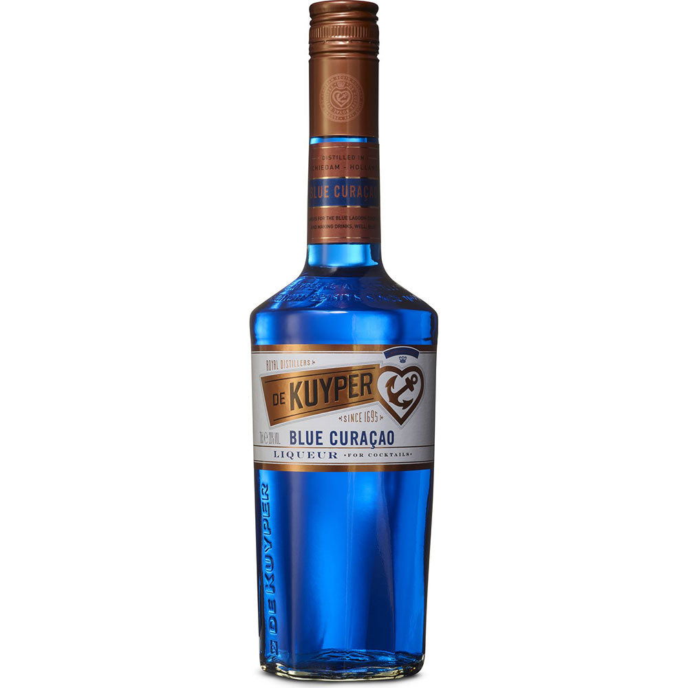 De Kuyper Blauer Curacao Likör 20% 0,7 Liter: Ein leuchtend blauer Likör von De Kuyper mit einer braunen Kappe und erfrischendem Zitrusaroma.