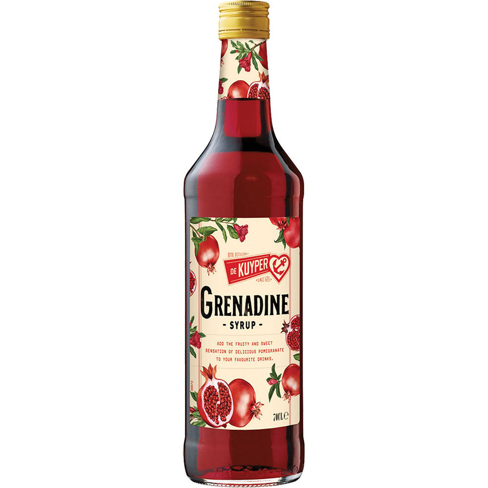 Eine Flasche De Kuyper Grenadine Sirup 0,7 Liter - ein alkoholfreier Sirup der Marke De Kuyper mit Granatapfelillustrationen auf Etikett und Hals.