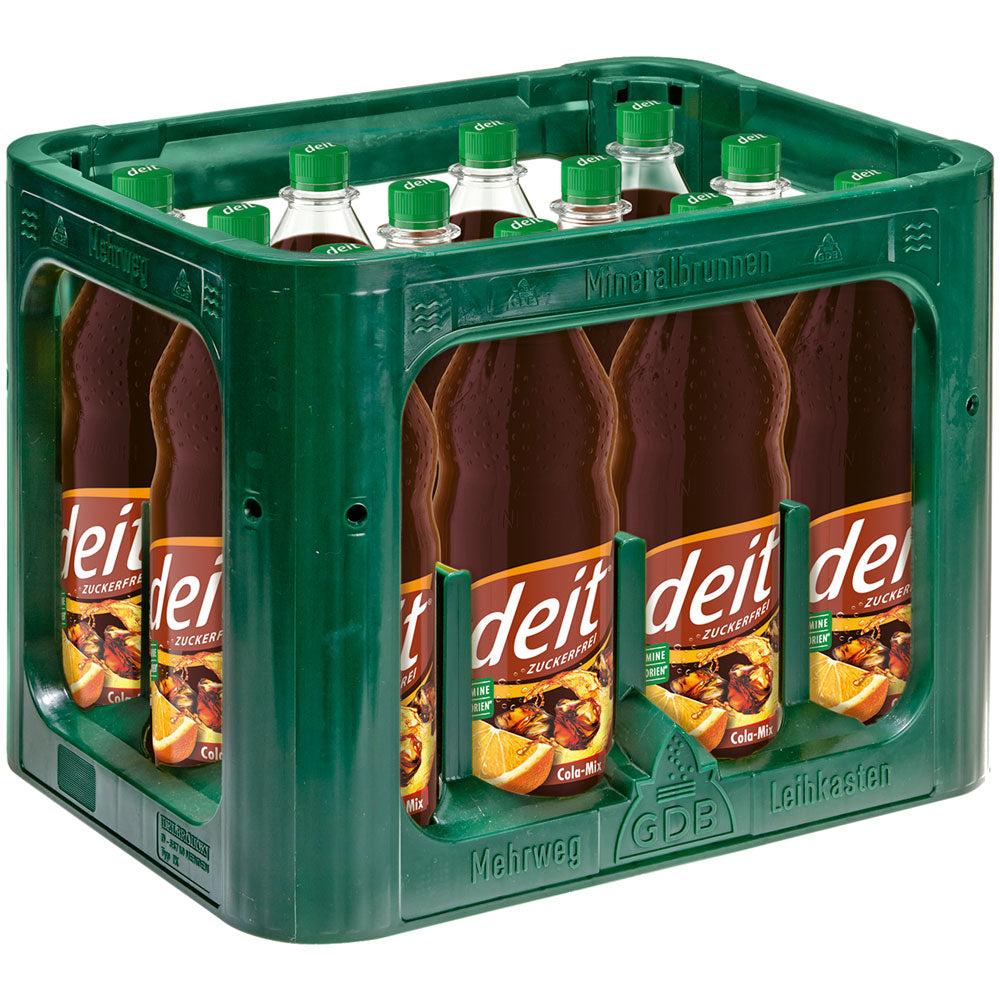 Eine grüne Kiste mit zwölf 1-Liter-Flaschen Deit Cola-Mix PET, einem zuckerfreien Erfrischungsgetränk mit Zitrusgeschmack von Deit.