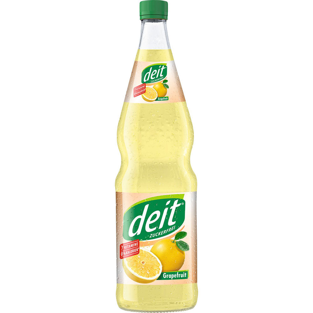 Eine klare Deit Grapefruit 0.7L Flasche (Mehrweg) mit gelber Limonade und Fruchtbildern auf dem Etikett, angereichert mit Vitaminen. Packung mit 12 Stück.
