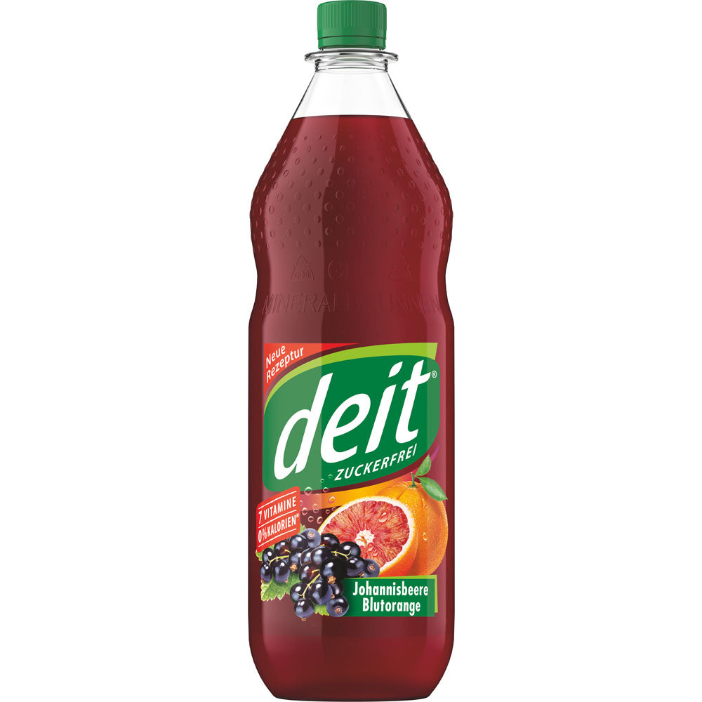 Eine 1-Liter-Flasche Deit Johannisbeere Blutorange PET (MEHRWEG): zuckerfreie Limonade mit dem Geschmack von schwarzer Johannisbeere und Blutorange, mit grünem Verschluss und buntem Etikett.