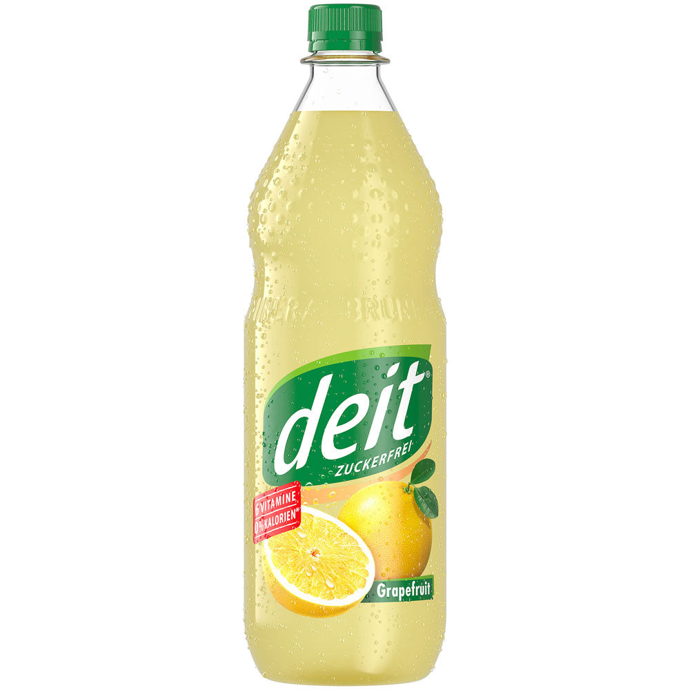 Eine Deit Limonade Grapefruit PET 1L Mehrweg-Flasche - zuckerfrei, mit grünem Verschluss und Etikett - bietet einen erfrischenden Grapefruit-Geschmack, perfekt für jede Gelegenheit.