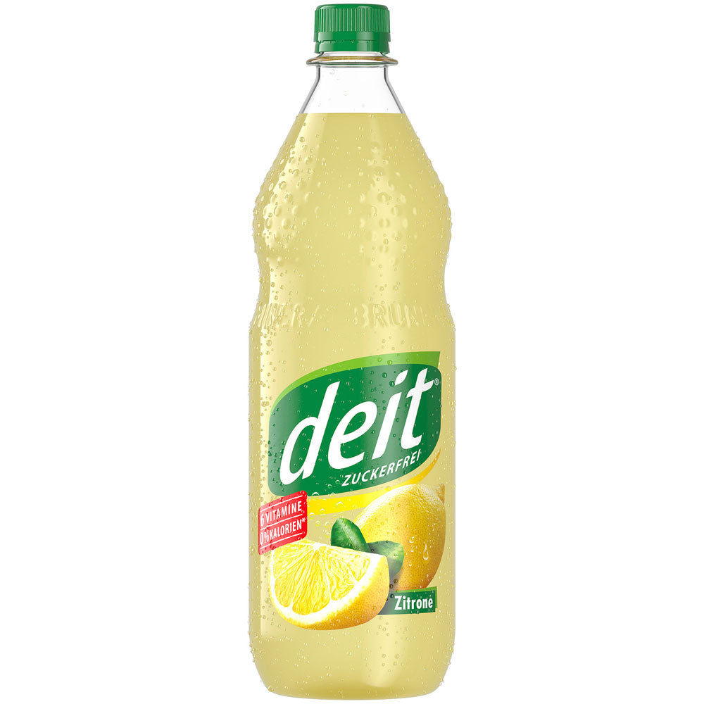 Eine Flasche Deit Limonade Zitrone PET 1L (MEHRWEG) von Deit, eine zuckerfreie Limonade mit grünem Deckel und Zitronenmotiven auf dem Etikett.