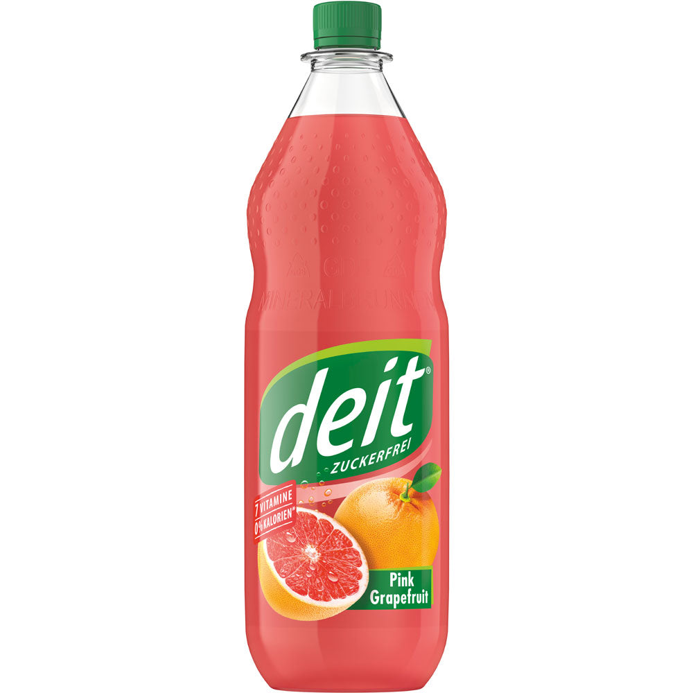 Eine Flasche Deit Pink Grapefruit PET 1L (Mehrweg) der Marke Deit mit einem Etikett mit Grapefruit-Motiven und Vitamin-Highlights.