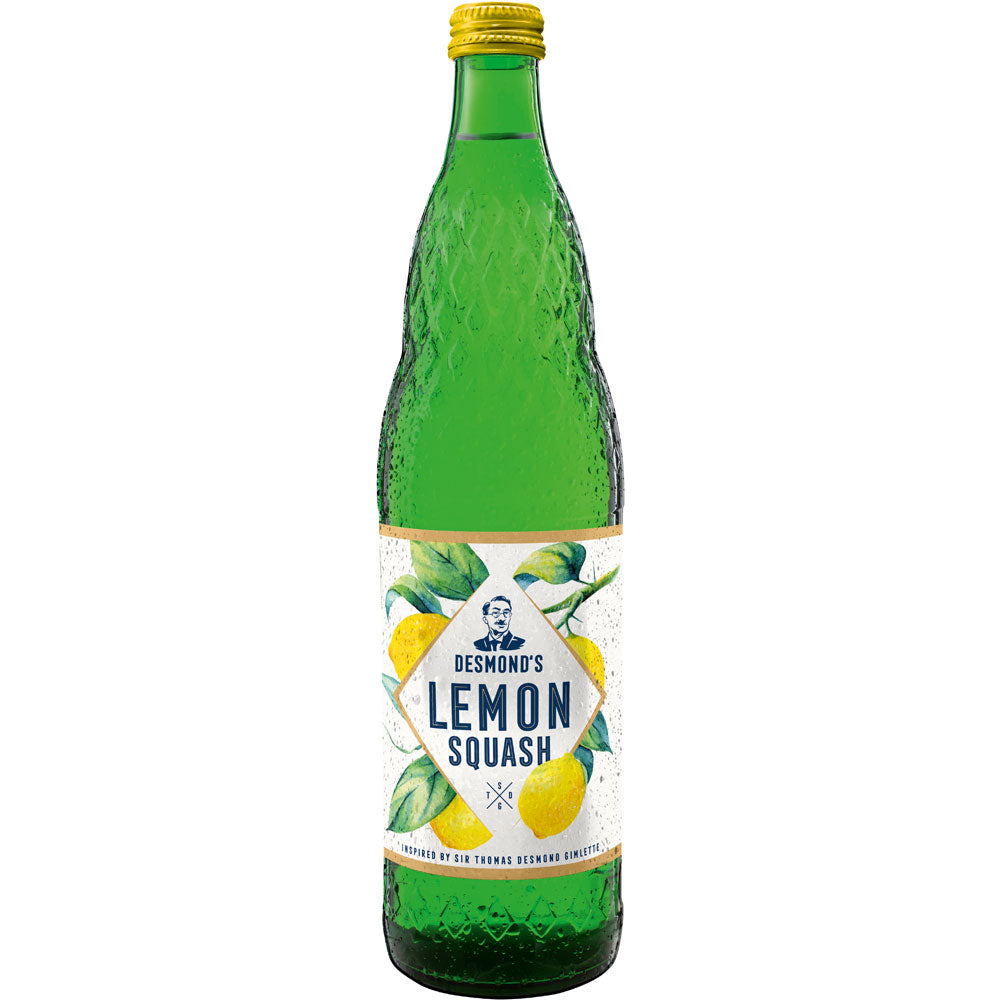 Desmond's Lemon Squash 0,75 Liter - grüne Glasflasche mit Zitronenmotiven - ist ein erfrischender Sirup (Zitronensirup) und Cocktailmixer für Ihre Lieblingsdrinks.