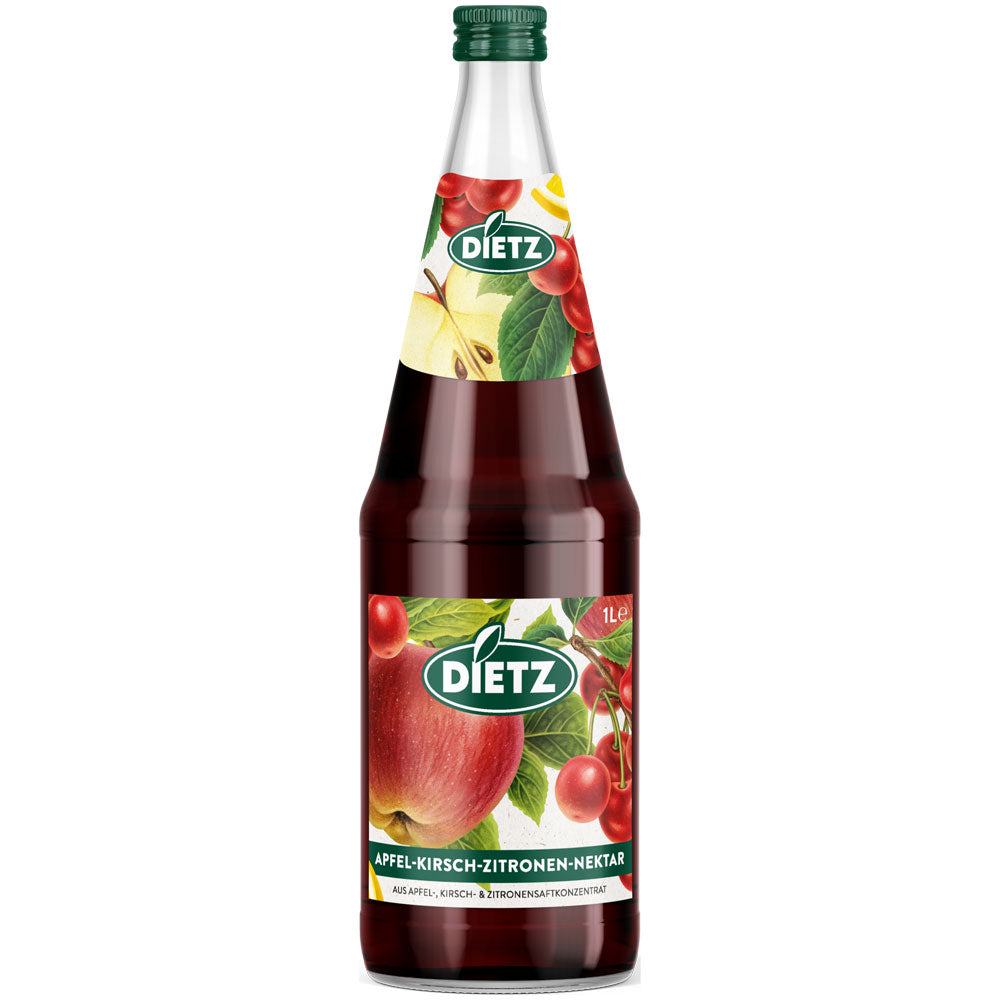 Eine Glasflasche Dietz Apfel-Kirsch-Zitronen-Nektar 6x1 Liter (MEHRWEG), mit Abbildungen von Äpfeln, Kirschen und Zitronen auf dem Etikett. Marke: Dietz.