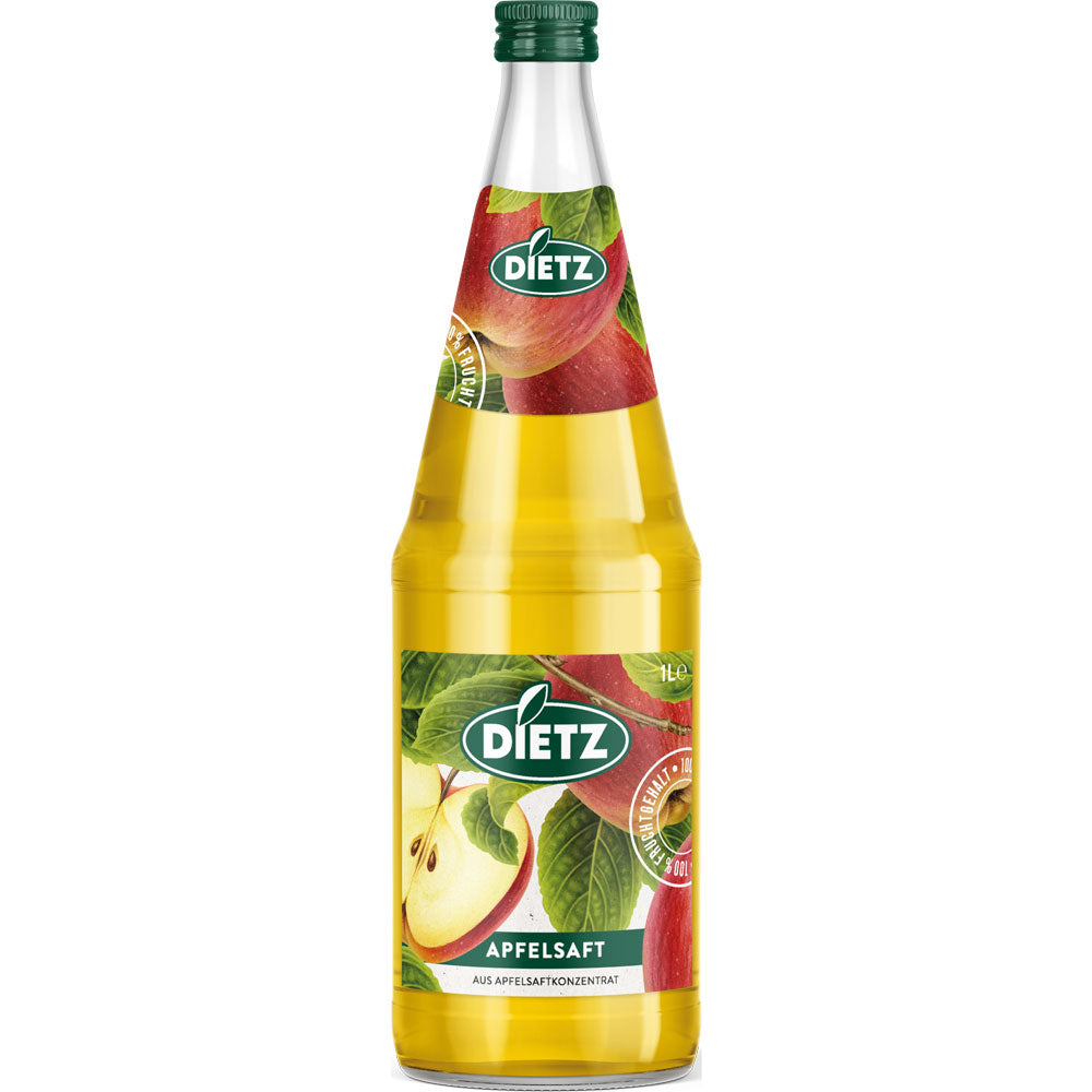 Eine 1-Liter-Flasche Dietz Apfelsaft klar (6er-Pack, MEHRWEG) von Dietz, mit Apfel- und Blattmotiven auf dem Etikett, weist einen 100%igen Fruchtanteil auf.