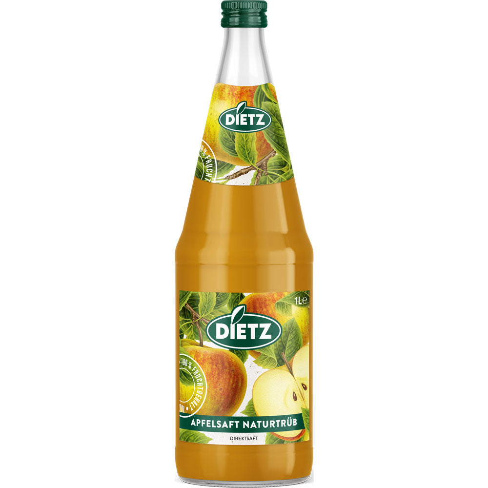 Eine Dietz Apfelsaft naturtrüb 6x1L (Mehrweg) Flasche mit Apfel- und Blattmotiven auf dem Etikett.