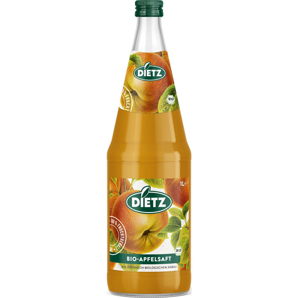 Eine 1L Flasche Dietz BIO Apfelsaft naturtrüb (6x1L MEHRWEG) mit Apfelabbildungen auf dem Etikett.