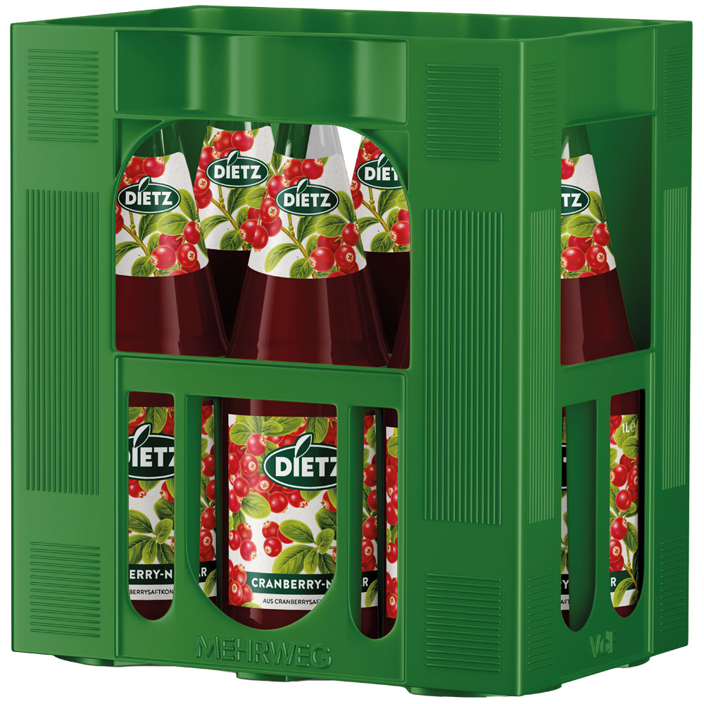 Grüner Kasten mit Flaschen Dietz Cranberry-Nektar 6x1L (MEHRWEG), mit Beeren- und Blattetiketten, die durch die Öffnungen sichtbar sind - perfekt für alle, die ein erfrischendes Fruchtgetränk der Marke Dietz suchen.