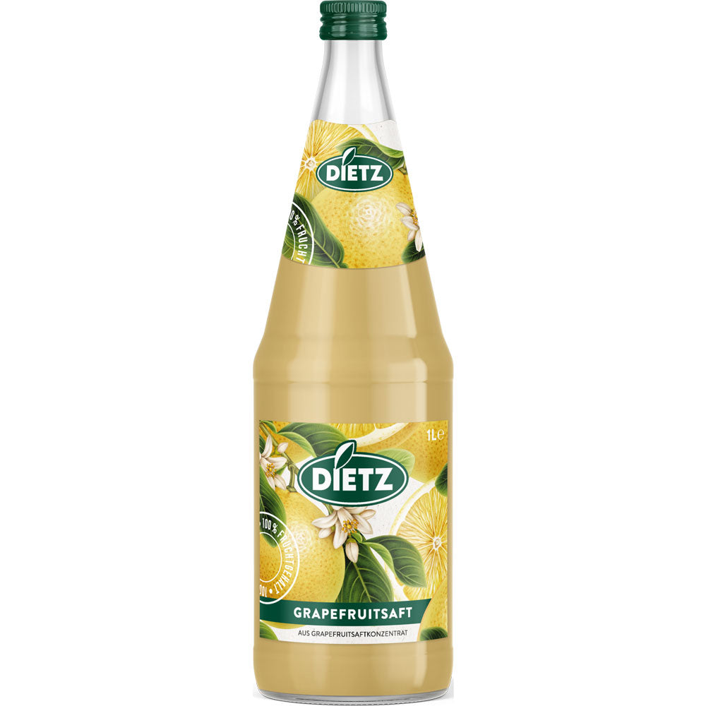 Eine wiederverwendbare 1-Liter-Glasflasche von Dietz Grapefruitsaft mit grünem Verschluss und gelber Grapefruit-Grafik auf dem Etikett.