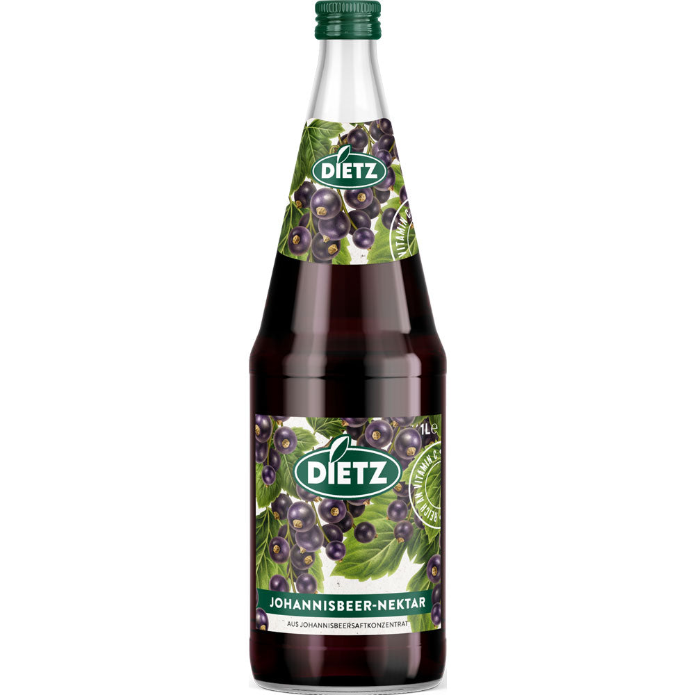 Eine 1-Liter-Flasche Dietz Johannisbeer-Nektar schwarz (6er-Pack, Mehrweg) mit schwarzen Johannisbeeren, grünen Blättern und einem Etikett, das den Vitamin-C-Gehalt betont.
