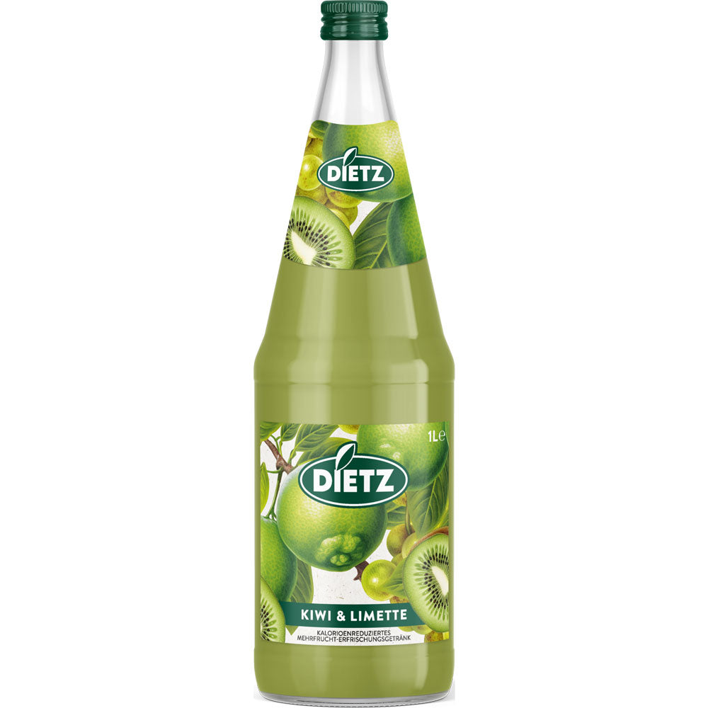 Eine 1-Liter-Flasche Dietz Kiwi-Limette mit Aloe Vera (Mehrweg) mit Kiwi- und Limettenmotiven auf dem Etikett, erhältlich im 6er-Pack.