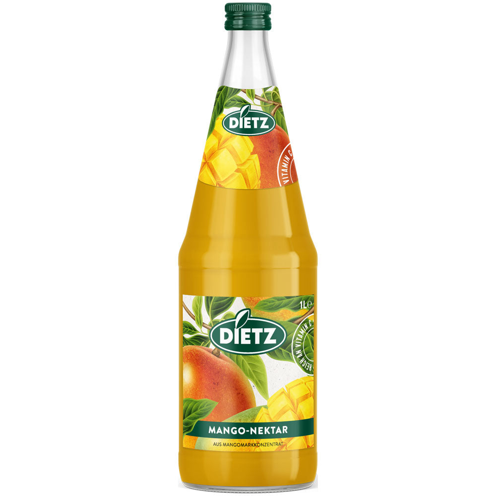 Eine 1-Liter-Glasflasche Dietz Mango-Nektar (6er-Pack, MEHRWEG) mit leuchtenden Mango-Illustrationen, hergestellt aus tropischem Fruchtsaftgetränk und Mango-Fruchtfleischkonzentrat.