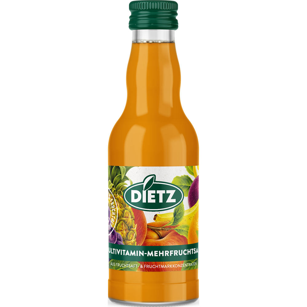12er-Packung Dietz Multivitamin Mehrfruchtsaft (à 0,2 l) mit lebhaftem Fruchtmotiv auf dem Etikett.