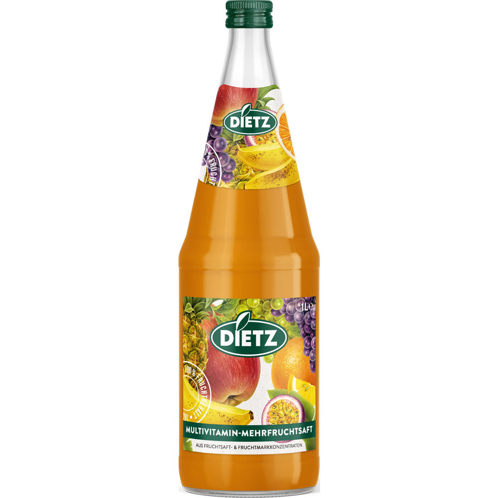 Der Dietz Multivitamin Mehrfruchtsaft 6x1L (MEHRWEG) ist mit leuchtenden Fruchtbildern auf dem Etikett versehen und bietet 100% Fruchtanteil für ein erfrischendes Mehrfruchtsaft-Erlebnis.