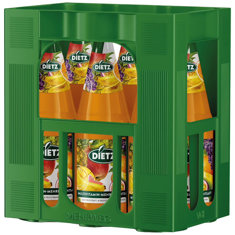 Eine grüne Kiste enthält sechs 1-Liter-Flaschen Dietz Multivitamin Mehrfruchtsaft (Mehrweg), die jeweils mit Fruchtbildern versehen sind und den 100%igen Fruchtanteil hervorheben.
