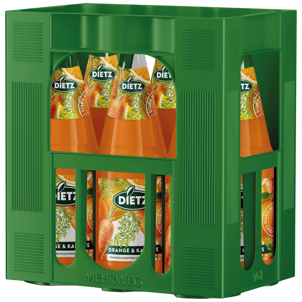Eine grüne Kiste mit sechs 1-Liter-Flaschen Dietz Orange & Karotte (MEHRWEG).