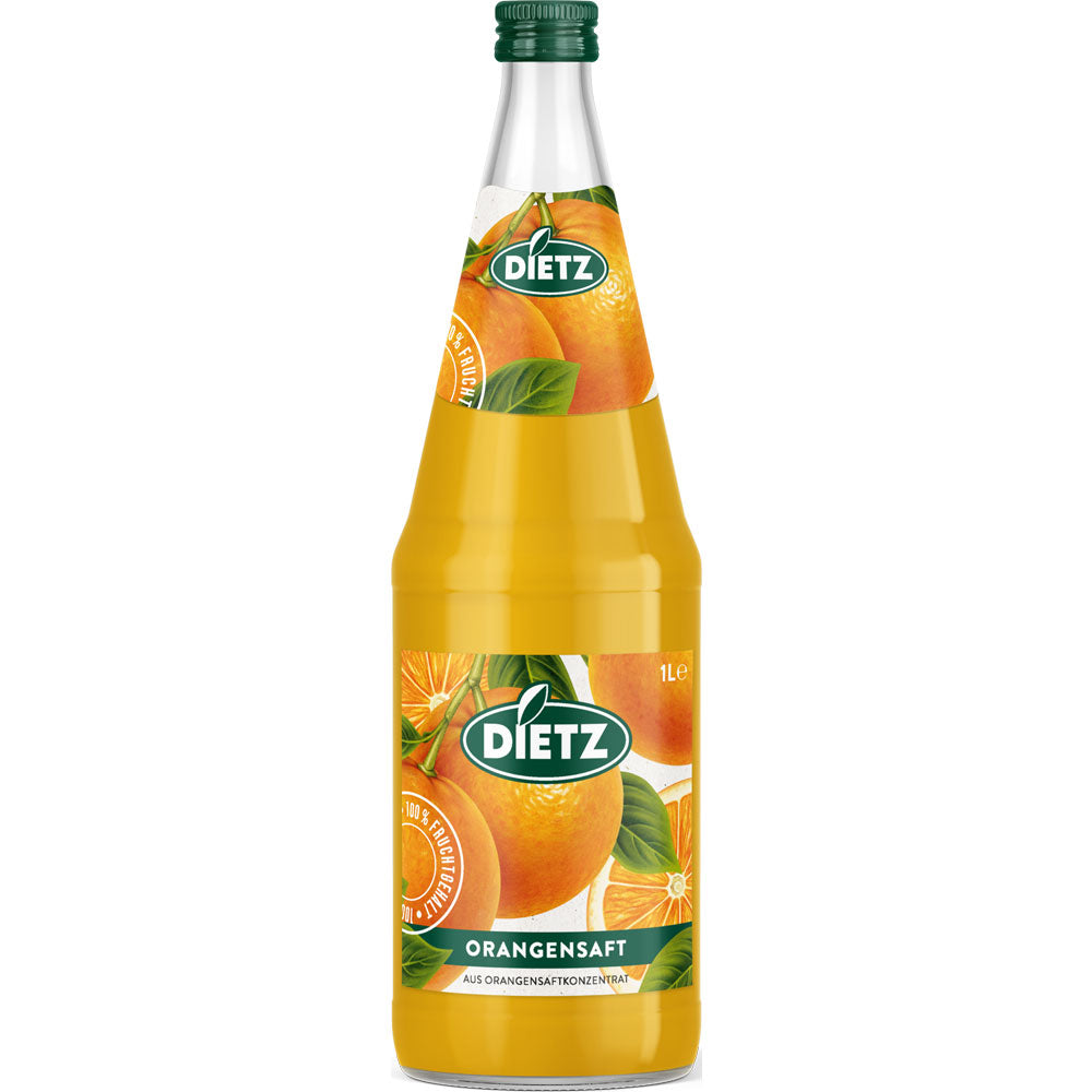Eine Packung mit sechs 1-Liter-Flaschen Dietz Orangensaft (MEHRWEG) von Dietz, auf deren Etikett frische Orangen abgebildet sind.