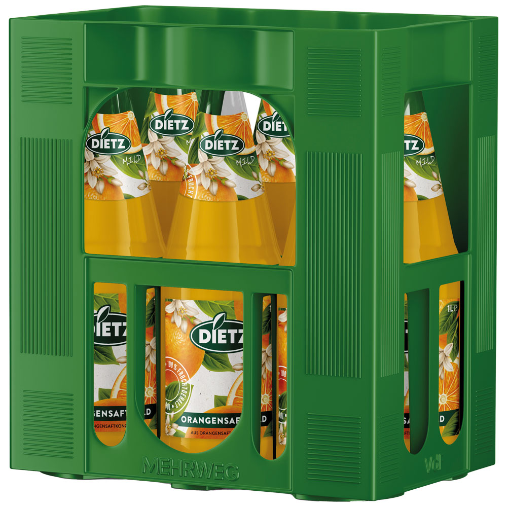 Sechs 1L-Mehrwegflaschen Dietz Orangensaft Mild im grünen Kasten - 100% Fruchtsaft mit natürlichem Vitamin C.