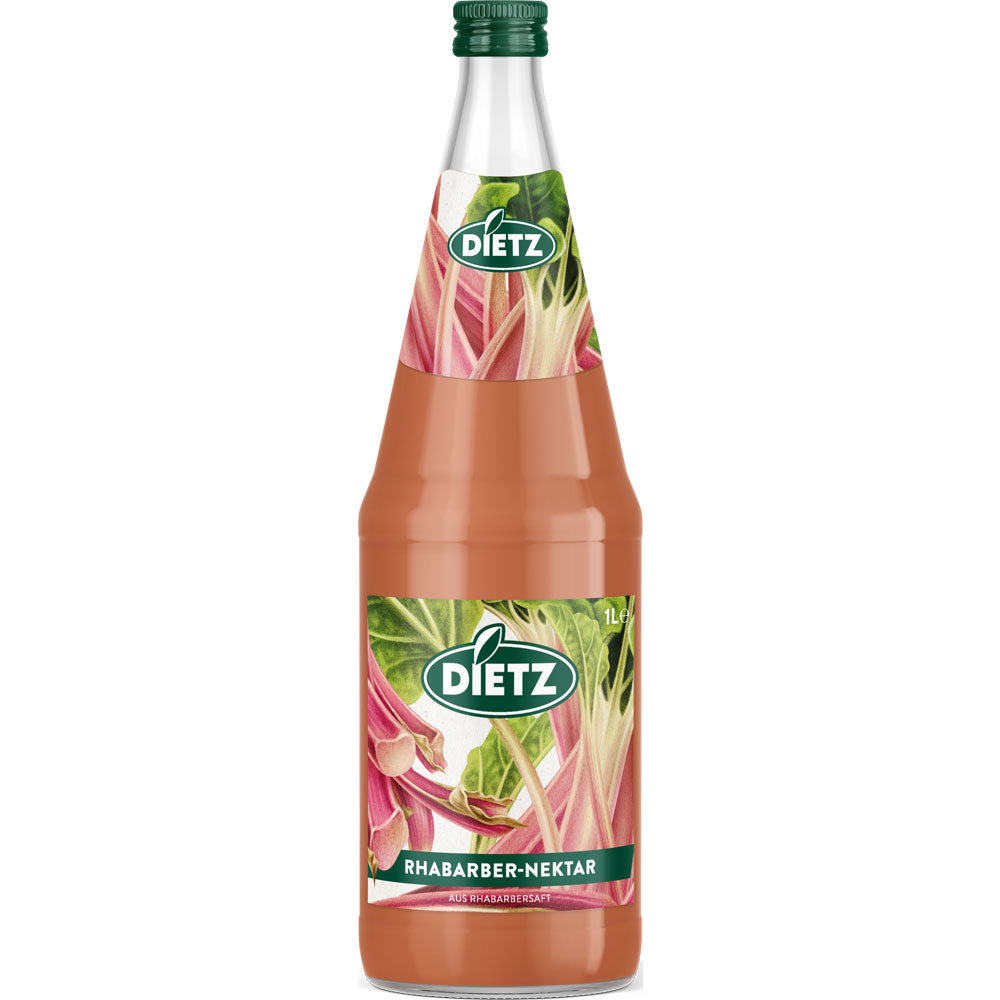 Der Dietz Rhabarber-Nektar 6x 1 Liter (MEHRWEG) von Dietz hat einen grünen Verschluss und ein Rhabarber-Etikett. Dieser glutenfreie, fruchtige Rhabarbersaft ist perfekt für einen erfrischenden Genuss.