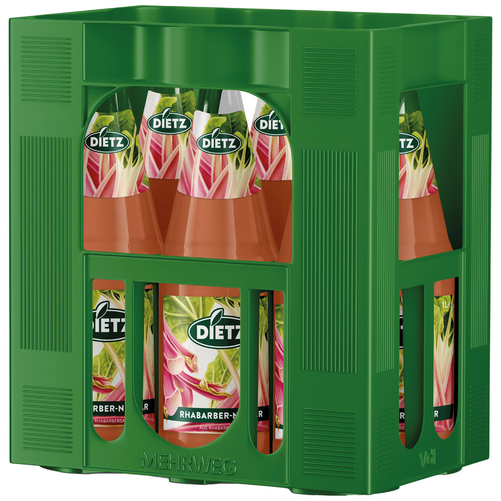 Grüner Kasten mit sechs 1-Liter-Flaschen Dietz Rhabarber-Nektar (MEHRWEG), wobei die bunten Dietz-Etiketten durch die Lamellen sichtbar sind.