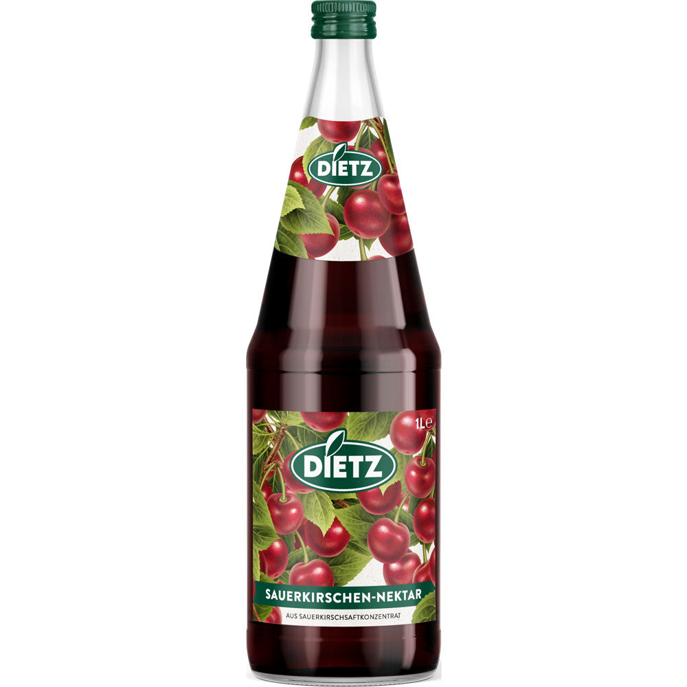 Ein 6er-Pack Dietz Sauerkirsch-Nektar (1L MEHRWEG-Flaschen) mit kirschfarbenem Etikett und grünem Deckel - lecker, glutenfrei und ideal für jeden Anlass.