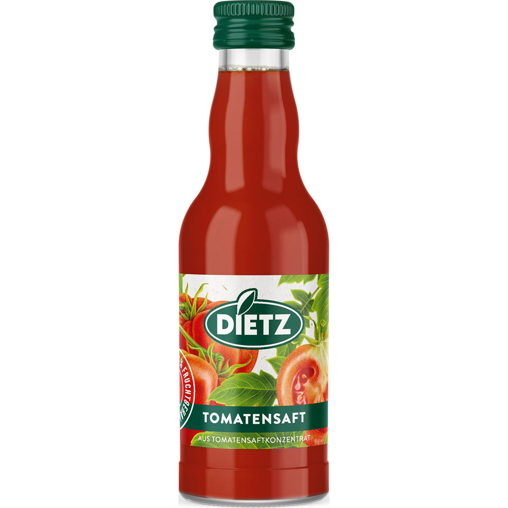 Eine Flasche Dietz Tomatensaft 0,2L (MEHRWEG) von Dietz mit grünem Verschluss und einem Etikett mit reifen Tomaten und grünen Blättern.