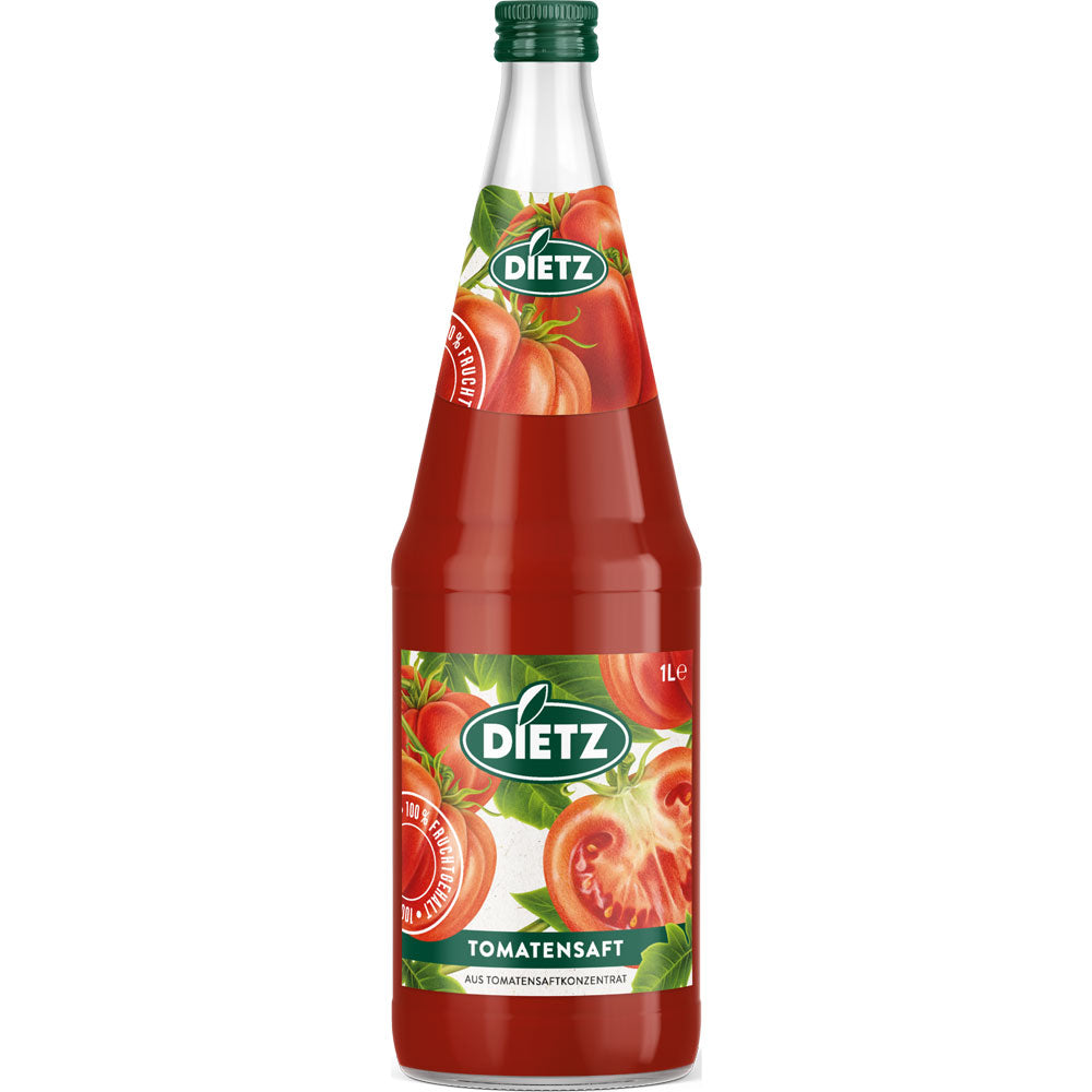 Dietz Tomatensaft 6x1L (MEHRWEG) - reife Tomaten mit etwas Meersalz im Glas, Etikett mit Tomatenabbildung, je Flasche 1 Liter.