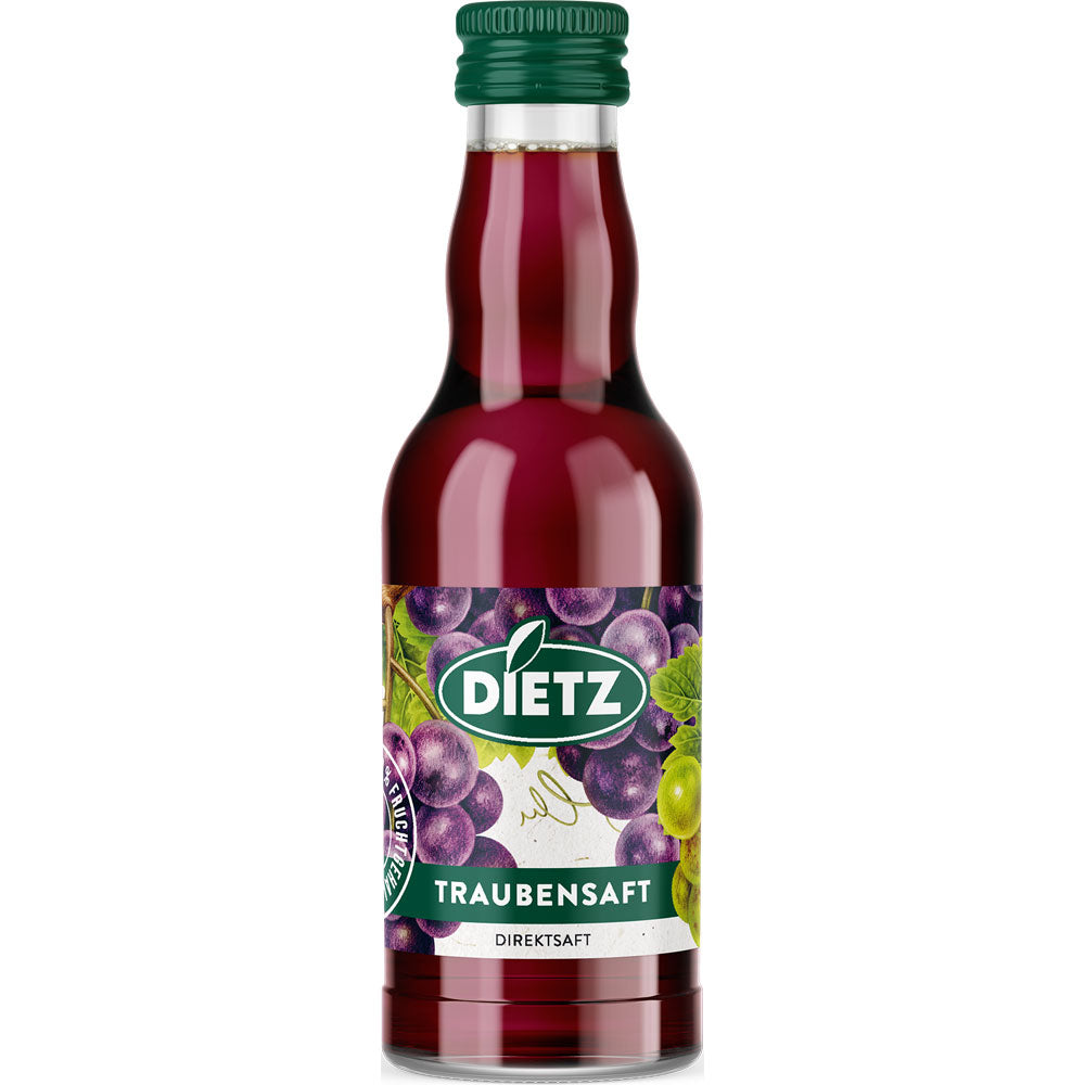 Dietz Traubensaft Rot 12x0,2L (MEHRWEG) ist ein violetter Traubensaft mit Weintrauben auf dem Etikett, die den köstlichen roten Traubensaft hervorheben.